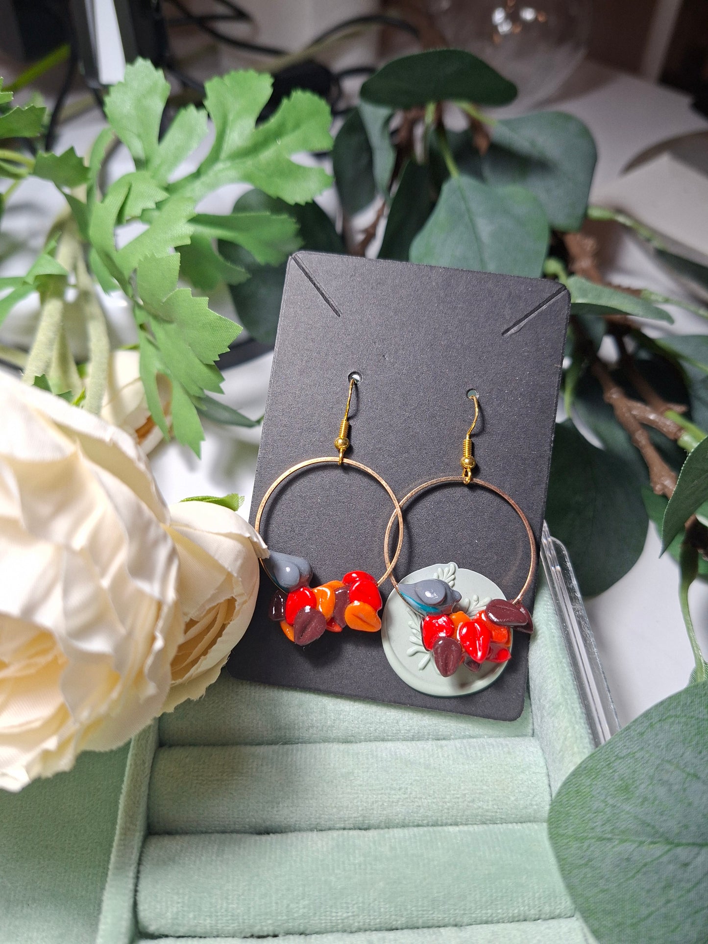bird and leaves hoop earrings polymer clay, UV resin coat