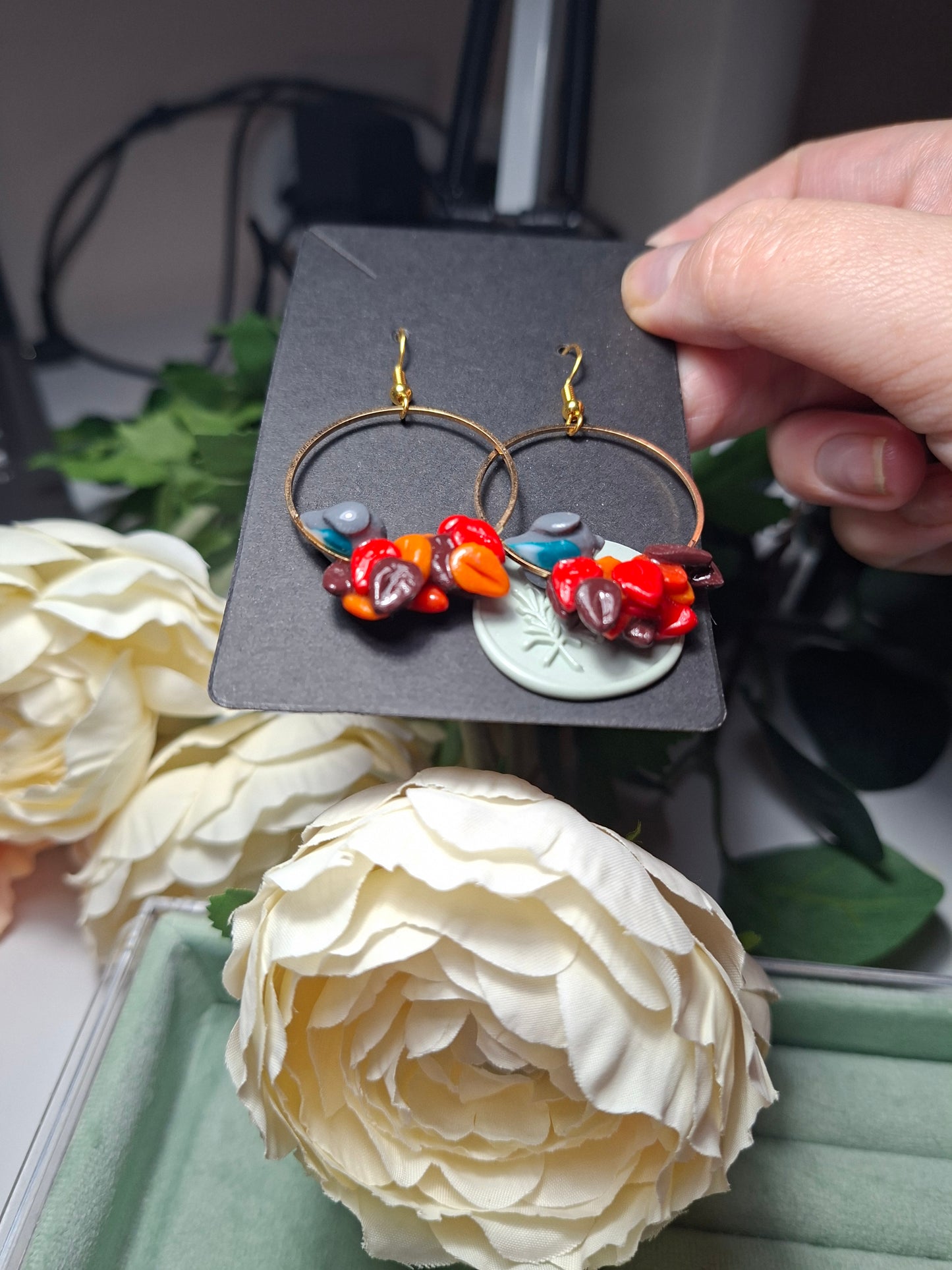bird and leaves hoop earrings polymer clay, UV resin coat