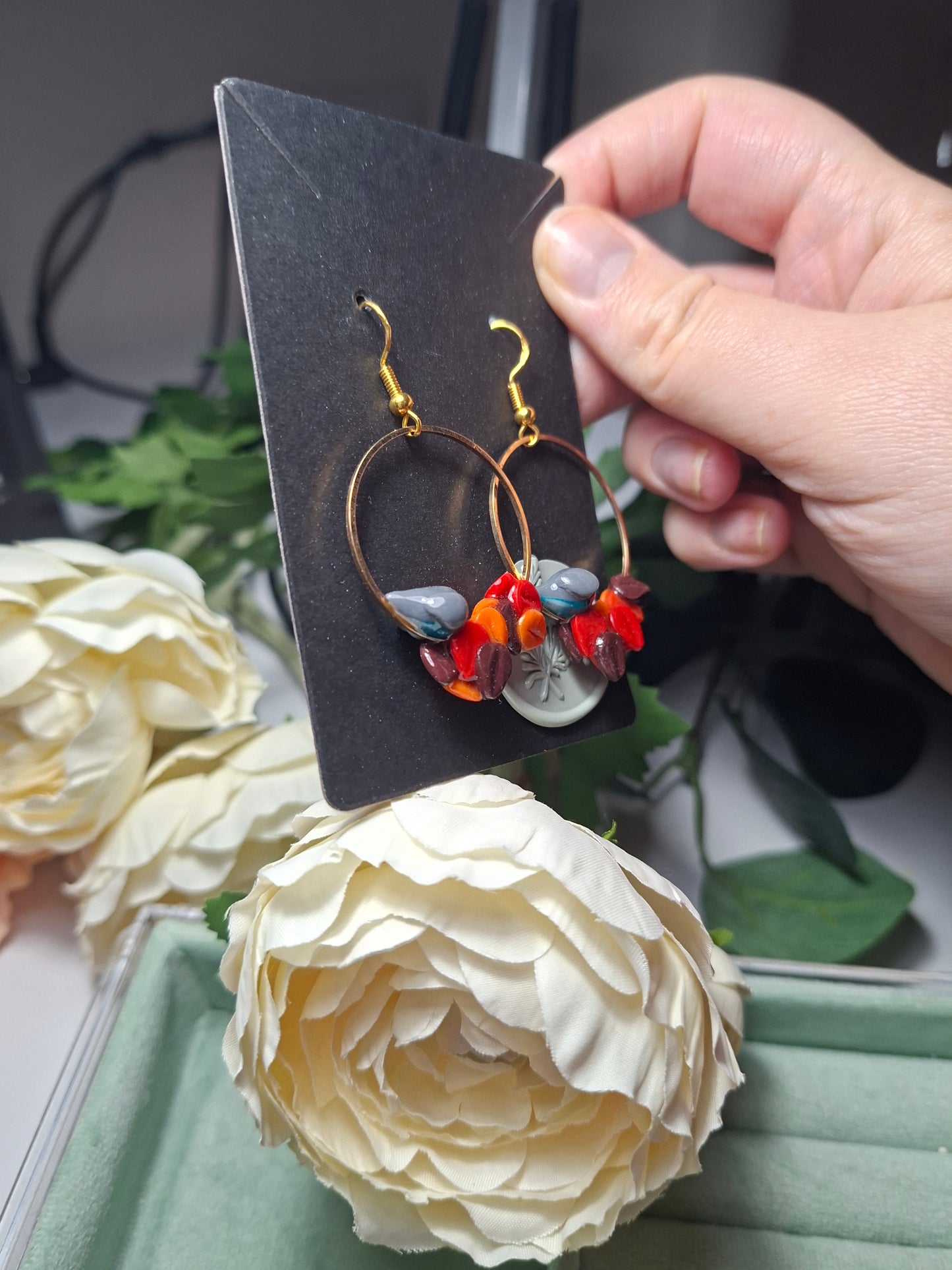 bird and leaves hoop earrings polymer clay, UV resin coat