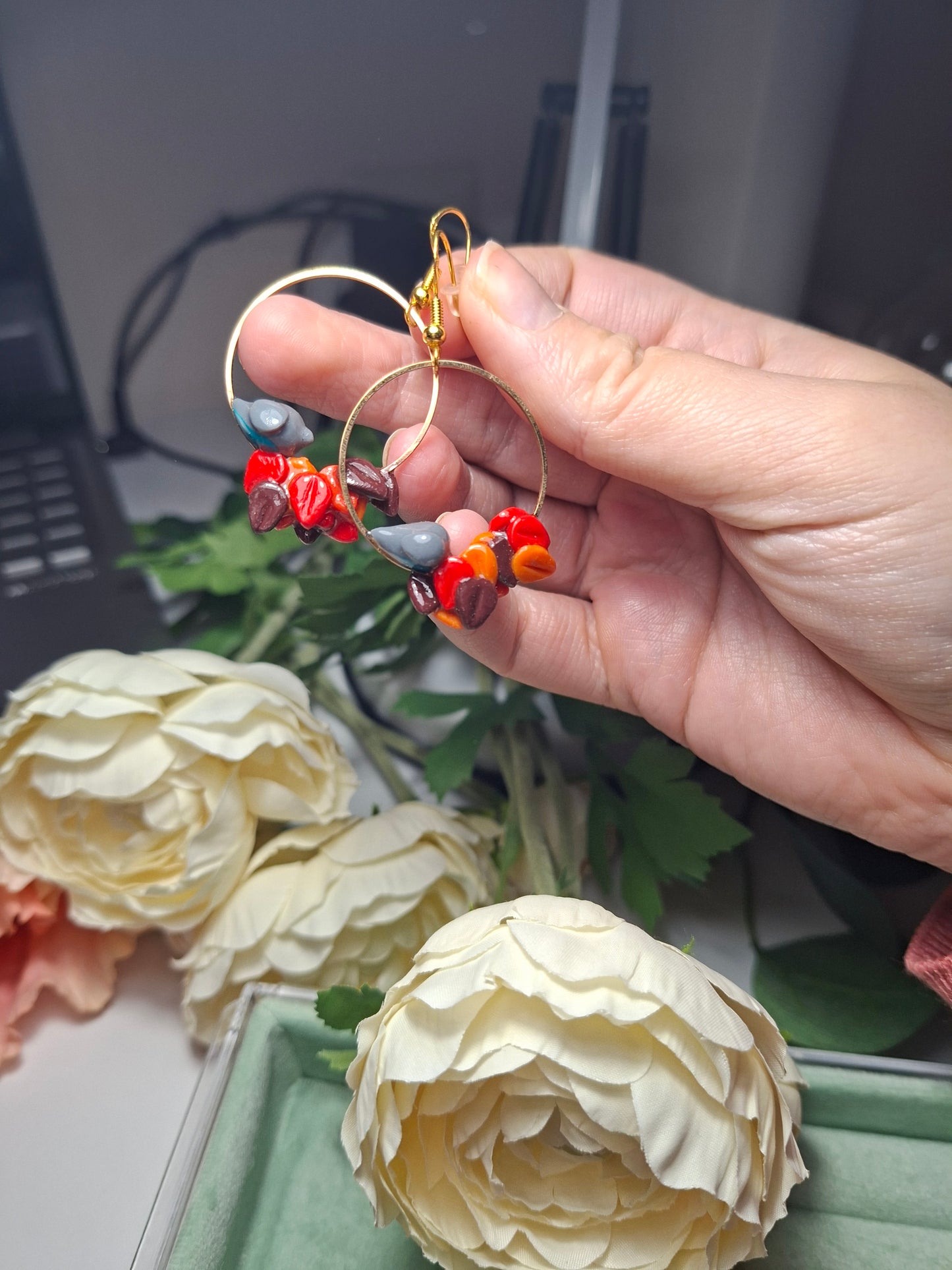 bird and leaves hoop earrings polymer clay, UV resin coat