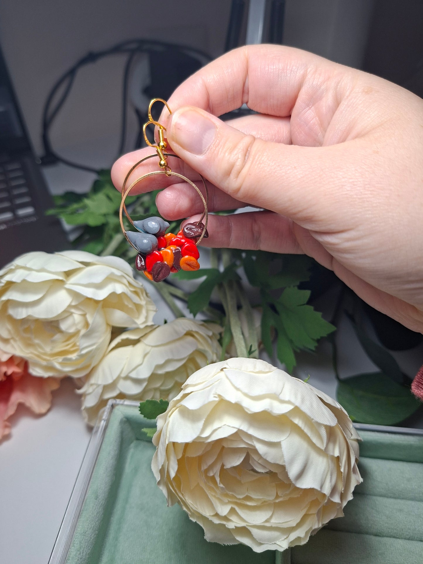 bird and leaves hoop earrings polymer clay, UV resin coat