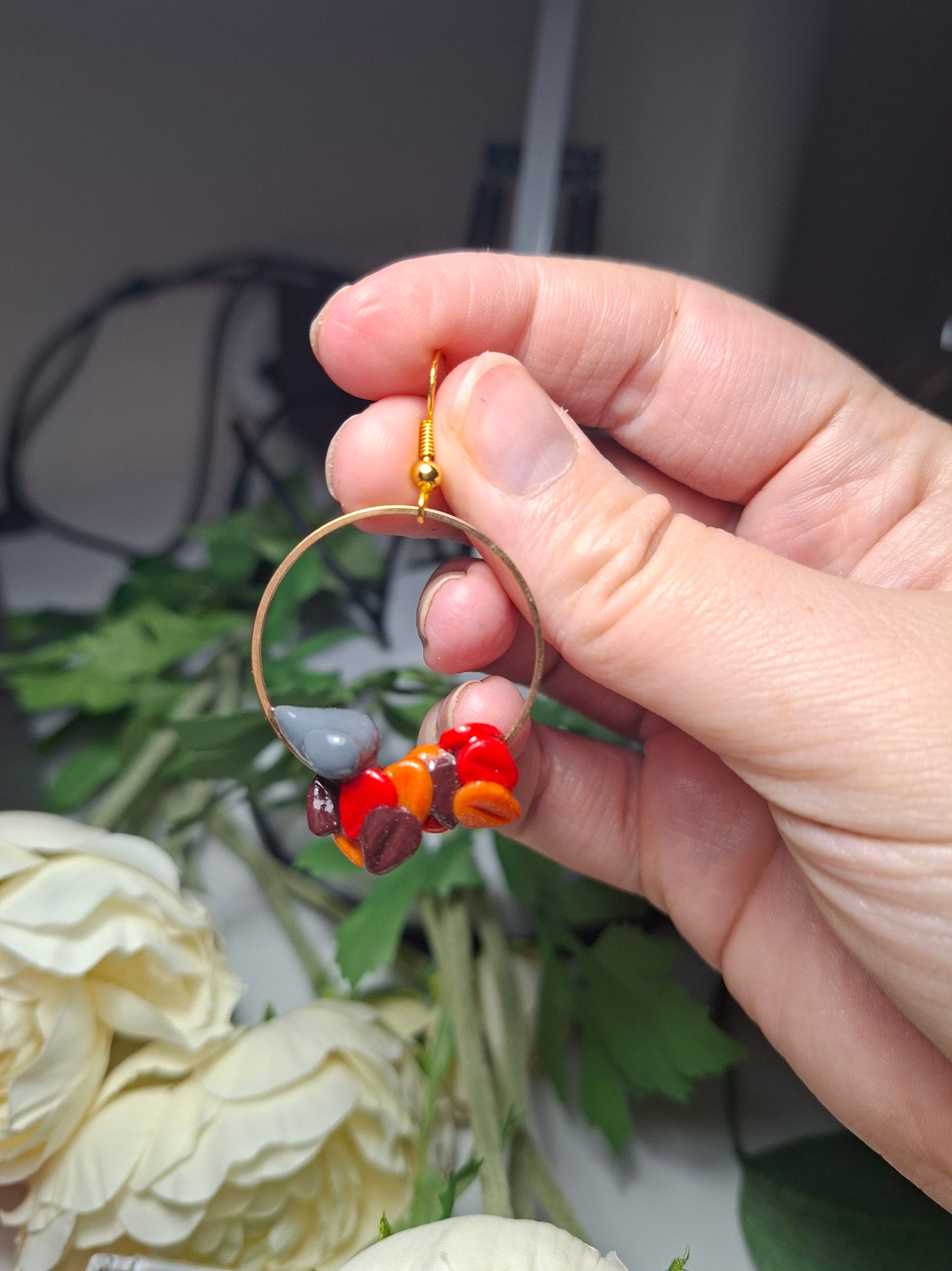 bird and leaves hoop earrings polymer clay, UV resin coat
