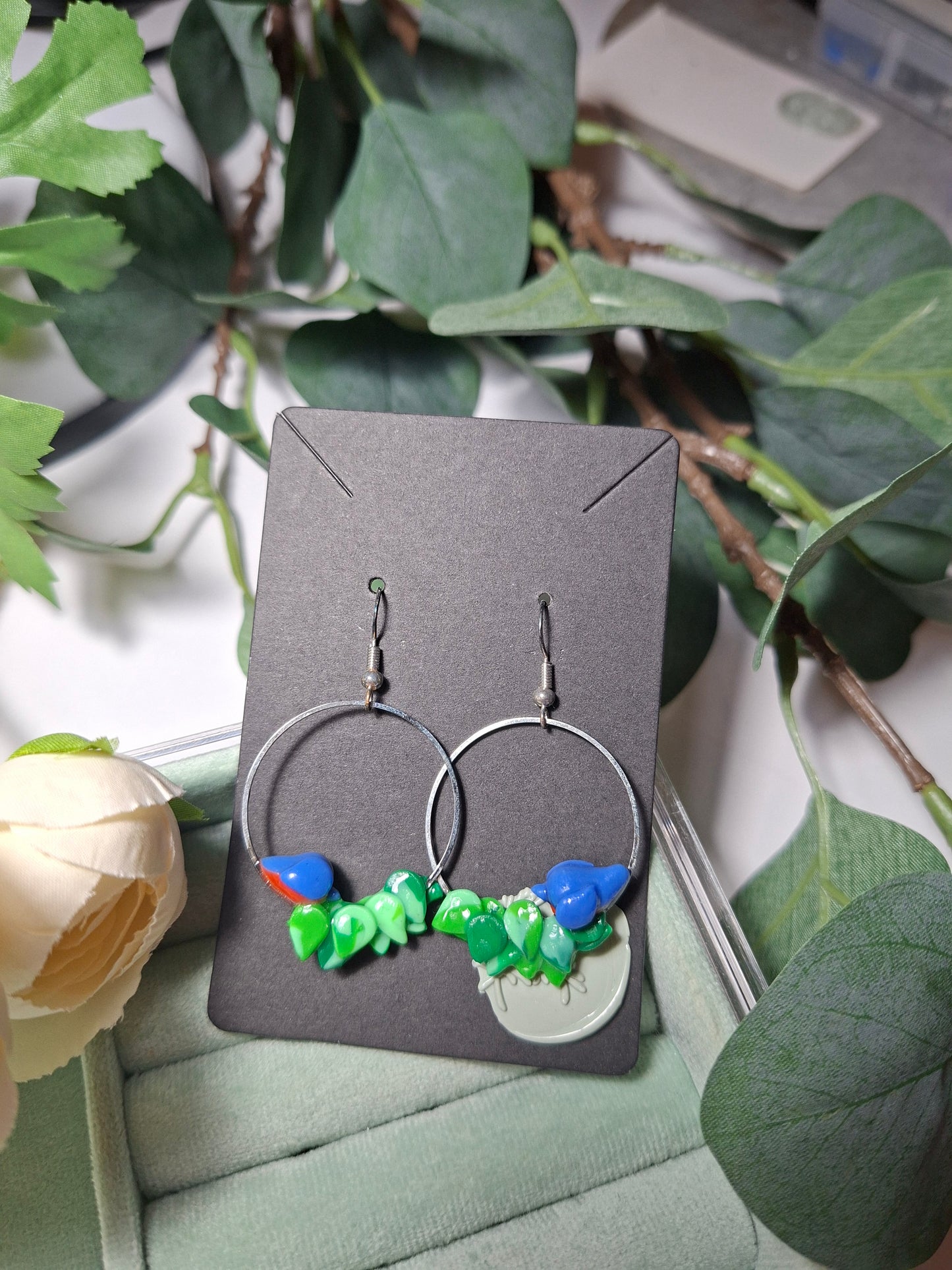 bird and leaves hoop earrings polymer clay, UV resin coat