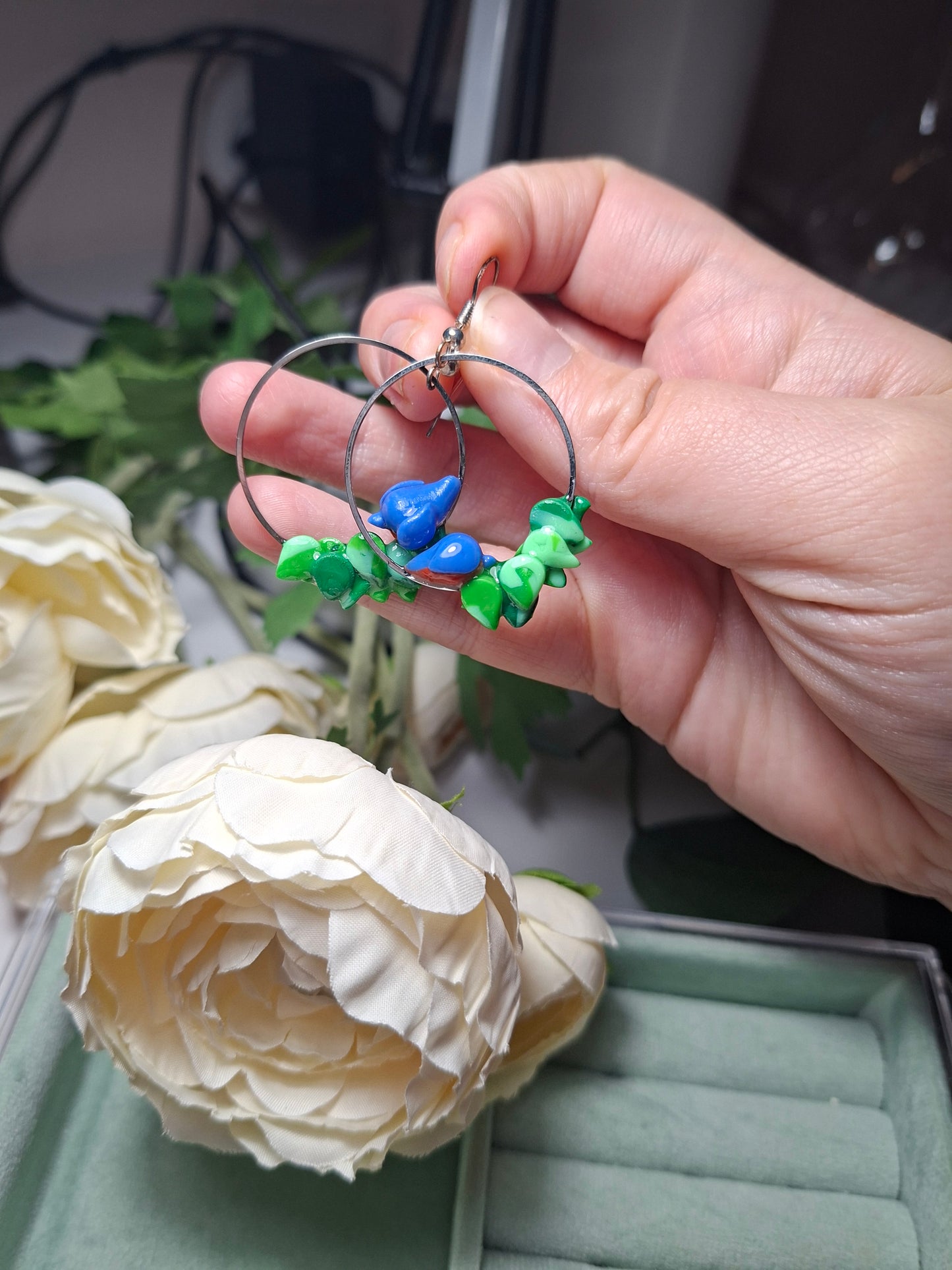 bird and leaves hoop earrings polymer clay, UV resin coat