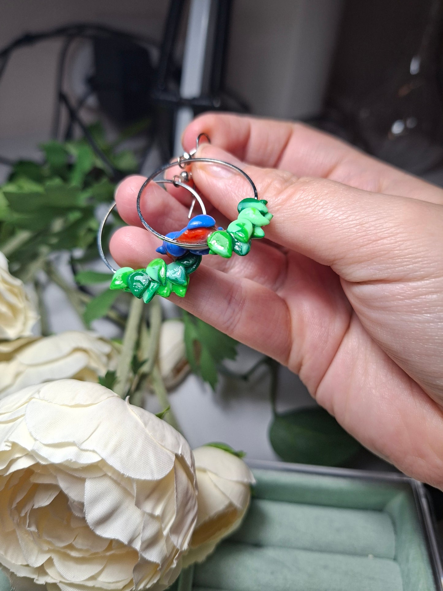 bird and leaves hoop earrings polymer clay, UV resin coat