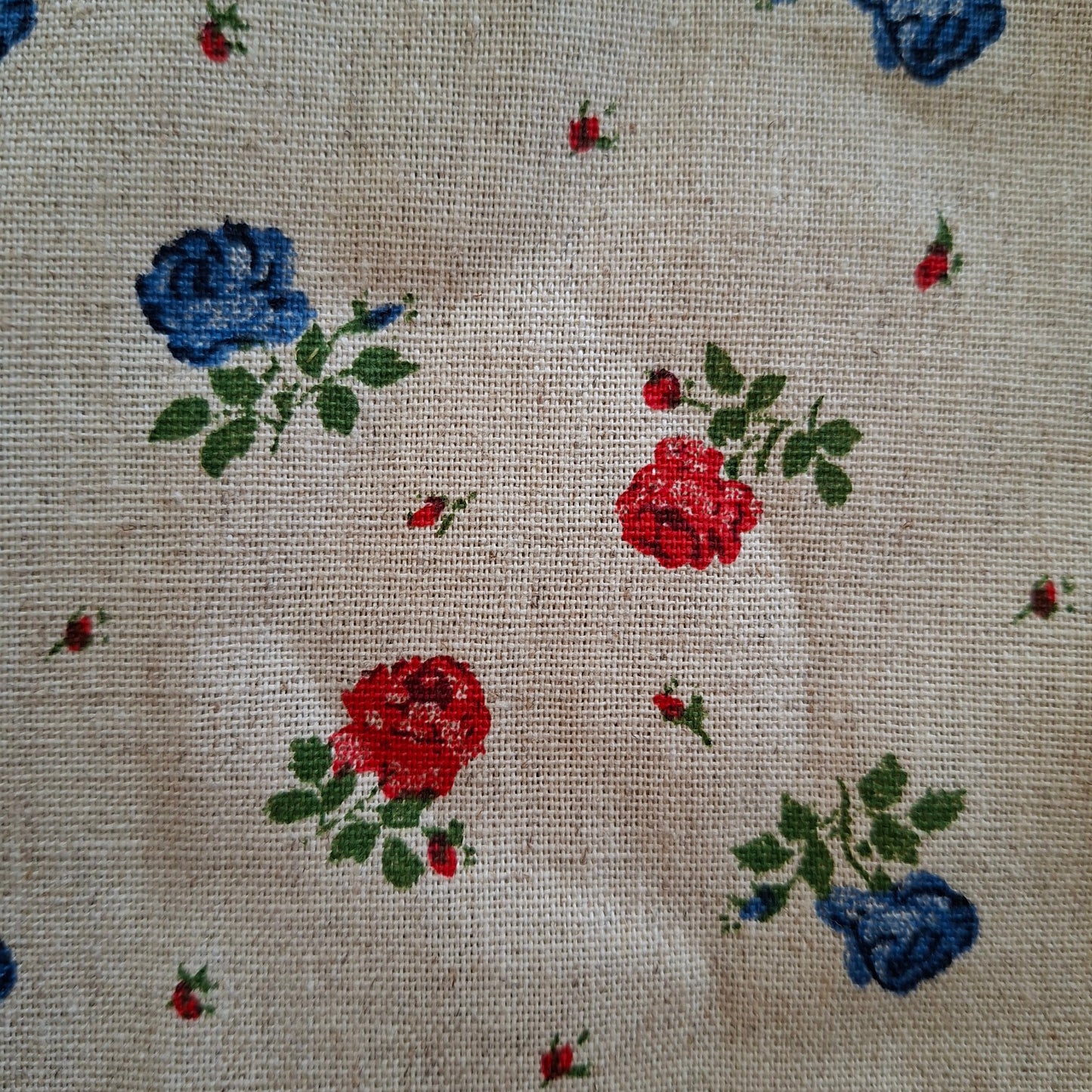 Fabric with embroidered red and blue roses on a beige background